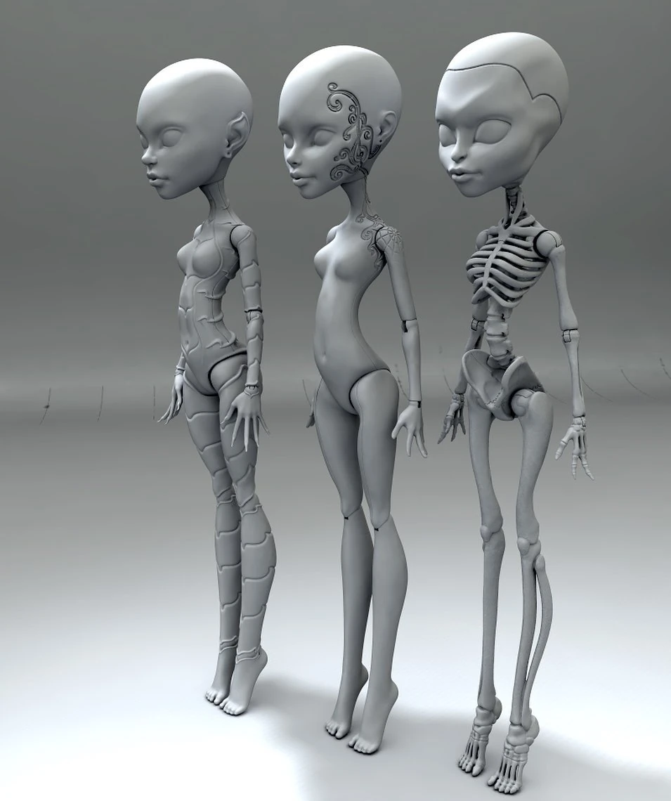 Three articulated Monster High body sculpts in different stages — muscular, anatomical, and skeletal