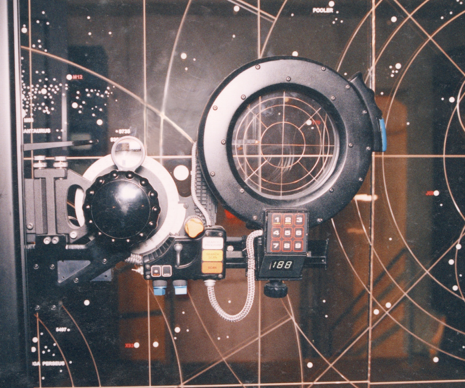 The hand-sculpted star map and scanning rig fabricated for MGM's Stargate, photographed on set during installation