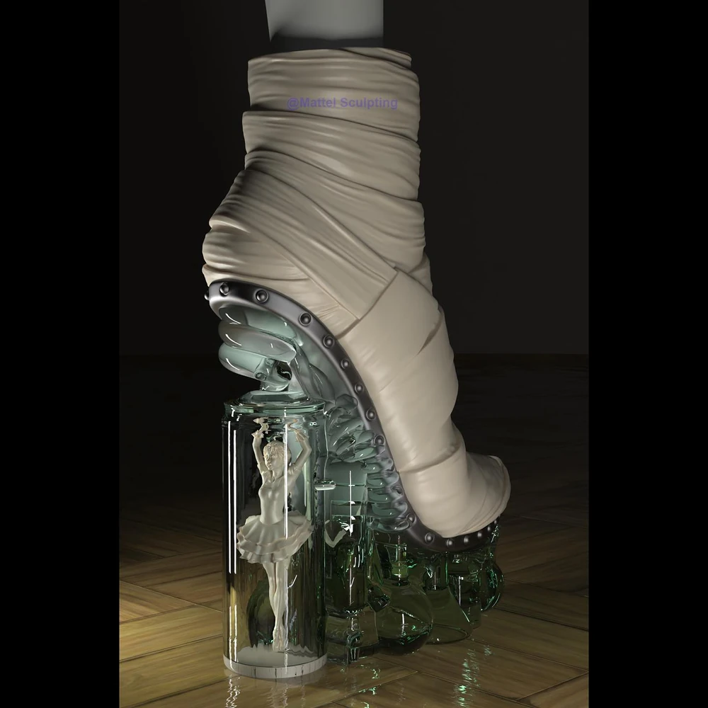Render of a wrapped-canvas heel housing a glass cylinder with a sculpted ballerina inside