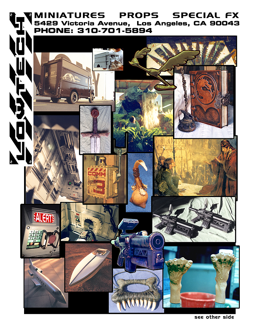 Front page of the Lowtech mid-1990s promotional flyer — a dense collage of props, miniatures and special-effects work